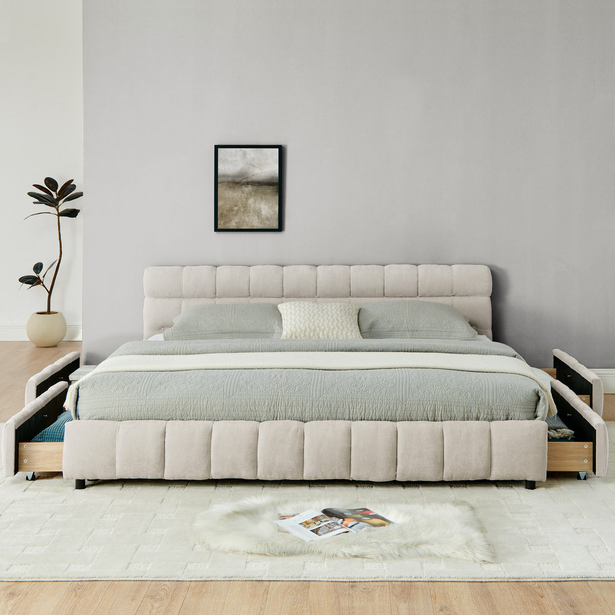 King Size Upholstered Bed ,comfortable Upholstered Bed Frame, Chenille Fabric, With Headboard And Solid Bed Frame. With Drawer For Storage.-Beige 88.5x85.5x31