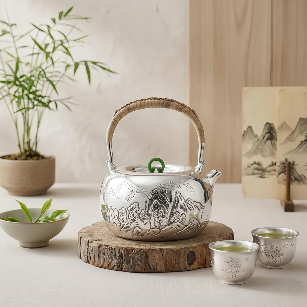 925 Sterling Silver Silver Landscape Teapot with Woven Handle and Jade Lid Accents - Handicraft
