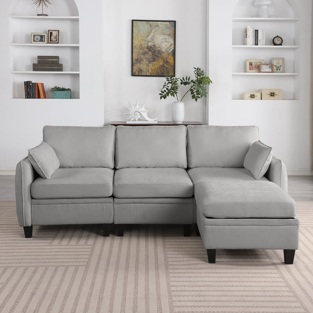 85 Inch GRAY Chenille Modular Sectional Sofa,  L-Shaped Cloud Couch With Storage Ottoman, DIY Combination For Living Room