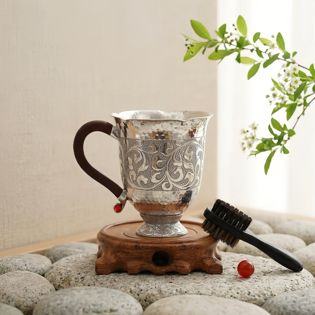 925 Sterling Silver Ornate Hand-Engraved Sterling Silver Pitcher with Dark Wood Handle and Intricate Floral Patterns - Handicraft