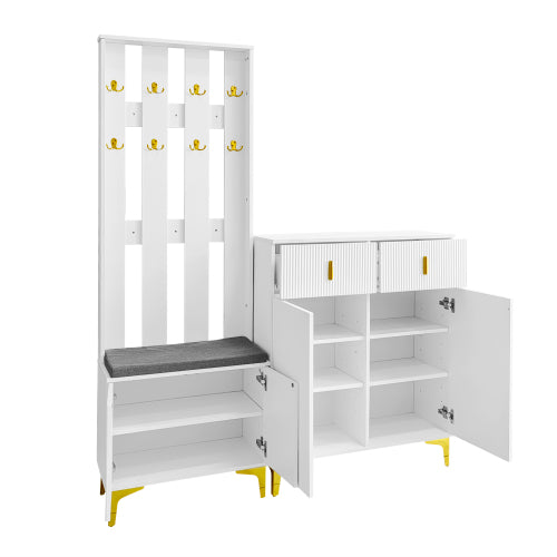 Wardrobe Set With Shoe Bench And Cushion, Wardrobe Front With Hooks, Shoe Cabinet With Drawers And Doors