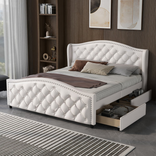 Upholstered Bed 135 X 190cm - Bed With Slatted Frame, 2 Drawers And Headboard With Pull Point Rivets - Wood & Faux Leather - White - Youth Bed Guest Bed