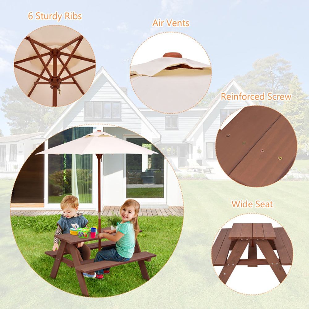 Outdoor 4-Seat Kids Picnic Table Bench Set With Removable Umbrella