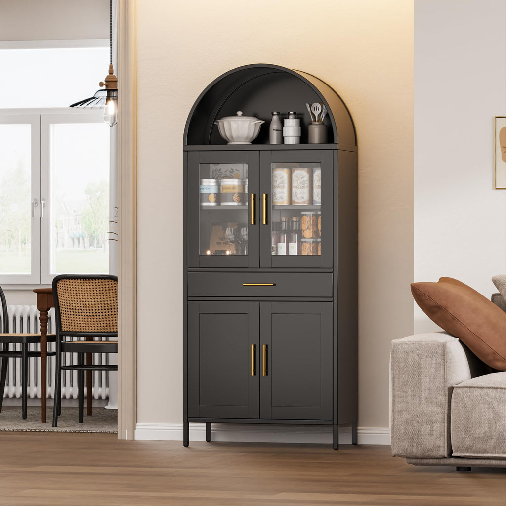 73 Inch Metal Tall Arched Display Cabinet, Metal Arched Bookshelf With Doors,Shelves,Drawers, Modern Freestanding Bookcase For Home Office Bar Living Room ,Black