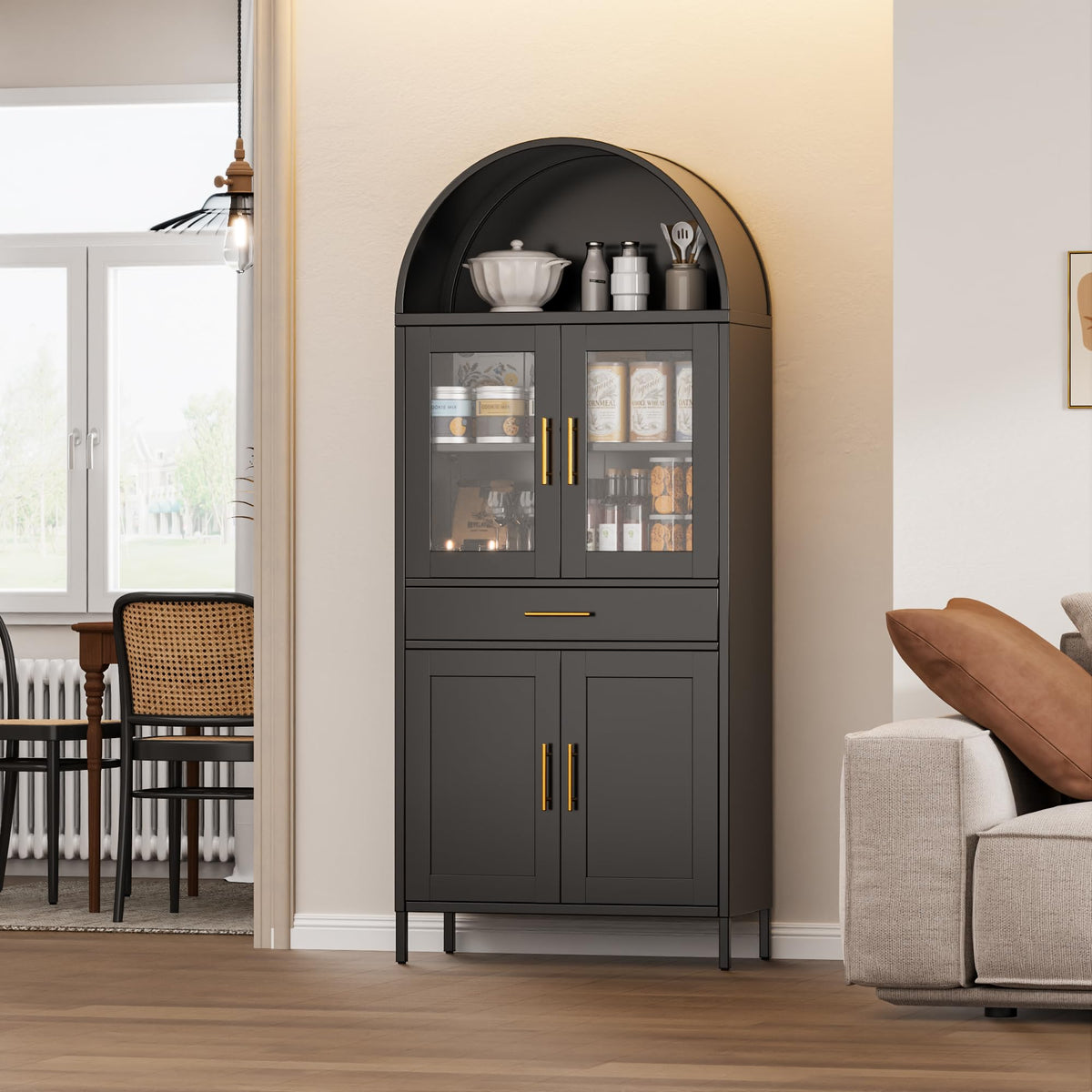 73 Inch Metal Tall Arched Display Cabinet, Metal Arched Bookshelf With Doors,Shelves,Drawers, Modern Freestanding Bookcase For Home Office Bar Living Room ,Black