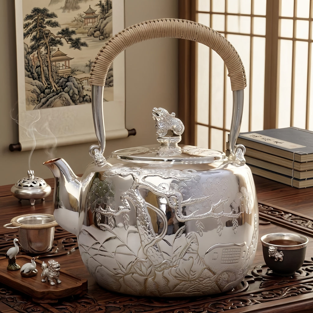 Pure 999 Fine Silver Handcrafted Sterling Silver Teapot with Intricate Landscape Relief and Woven Handle - Handicraft