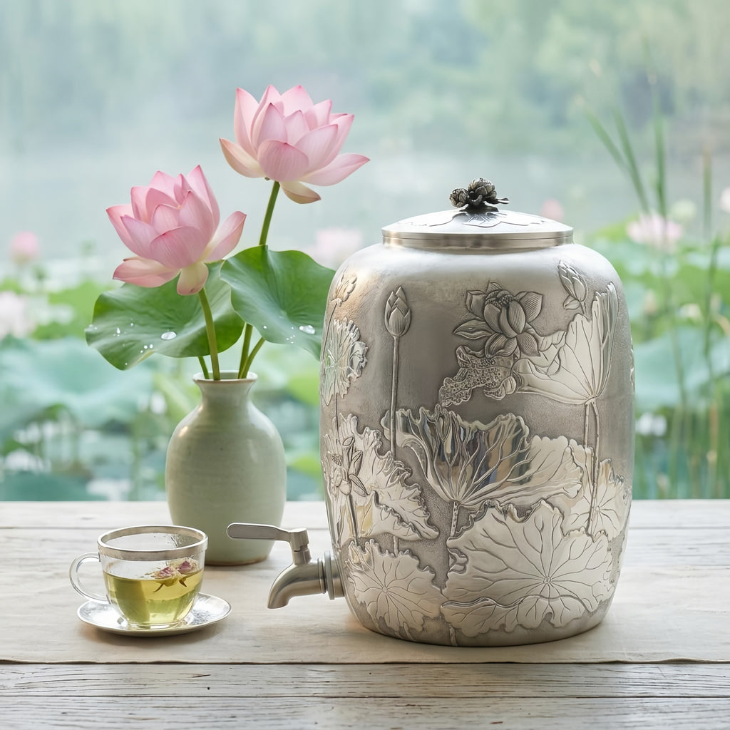 925 Sterling Silver Silver Lotus Blossom Embossed Beverage Dispenser with Decorative Lid and Spigot - Handicraft