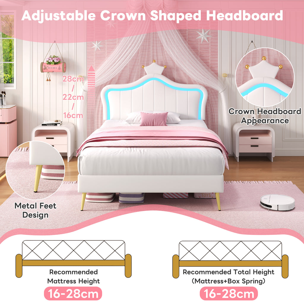 3ft Single Upholstered Bed With LED Adjustable Crown Shape Headboard, PU Leather Bed Frame With Solid Wood Slat, No Box Spring Needed, Easy Assembly, Cream White  No Mattress