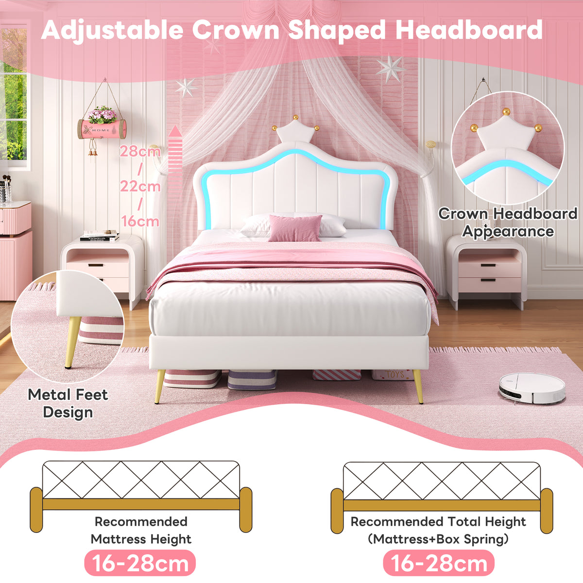 3ft Single Upholstered Bed With LED Adjustable Crown Shape Headboard, PU Leather Bed Frame With Solid Wood Slat, No Box Spring Needed, Easy Assembly, Cream White  No Mattress