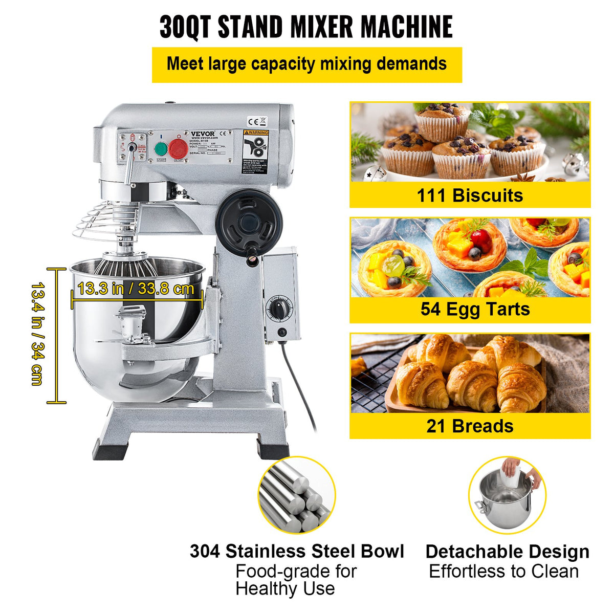 Commercial Food Mixer, 30Qt Commercial Mixer With Timer Function, 1100W Stainless Steel Bowl Heavy-duty Electric Food Mixer, 3-speed Adjustable 108/199/382 RPM