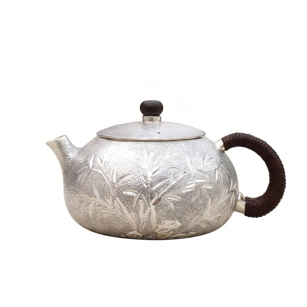 Pure 999 Fine Silver Elegant Hand-Hammered Pure Silver Teapot Featuring Intricate Bamboo Relief and Wrapped Handle - Handicraft