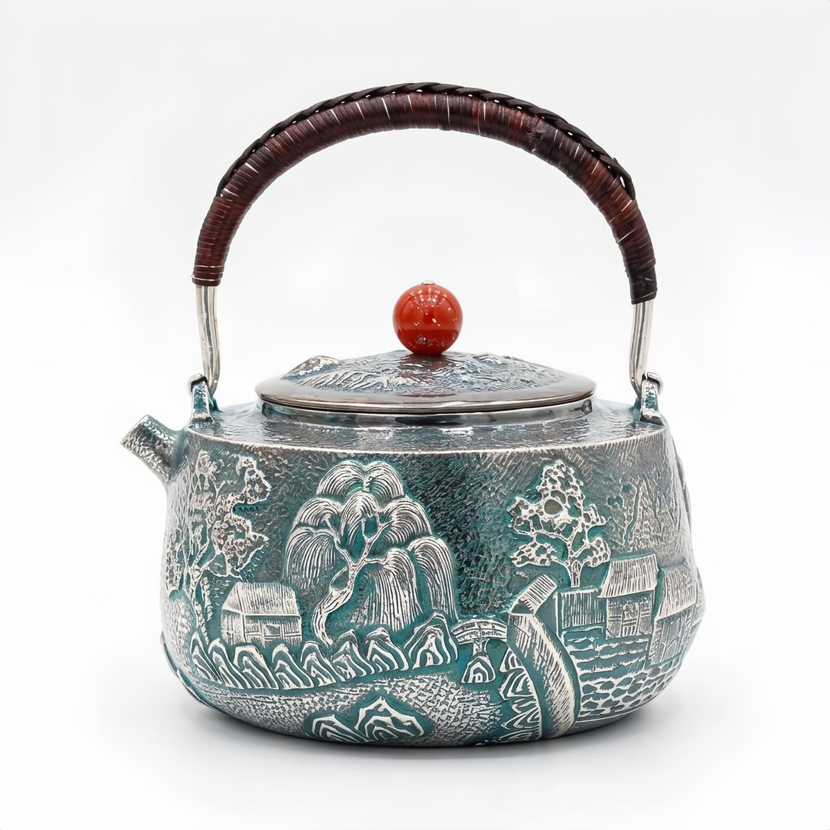Pure 999 Fine Silver Japanese  Teapot with Engraved Landscape Artistry-Fine large teapot - Handicraft