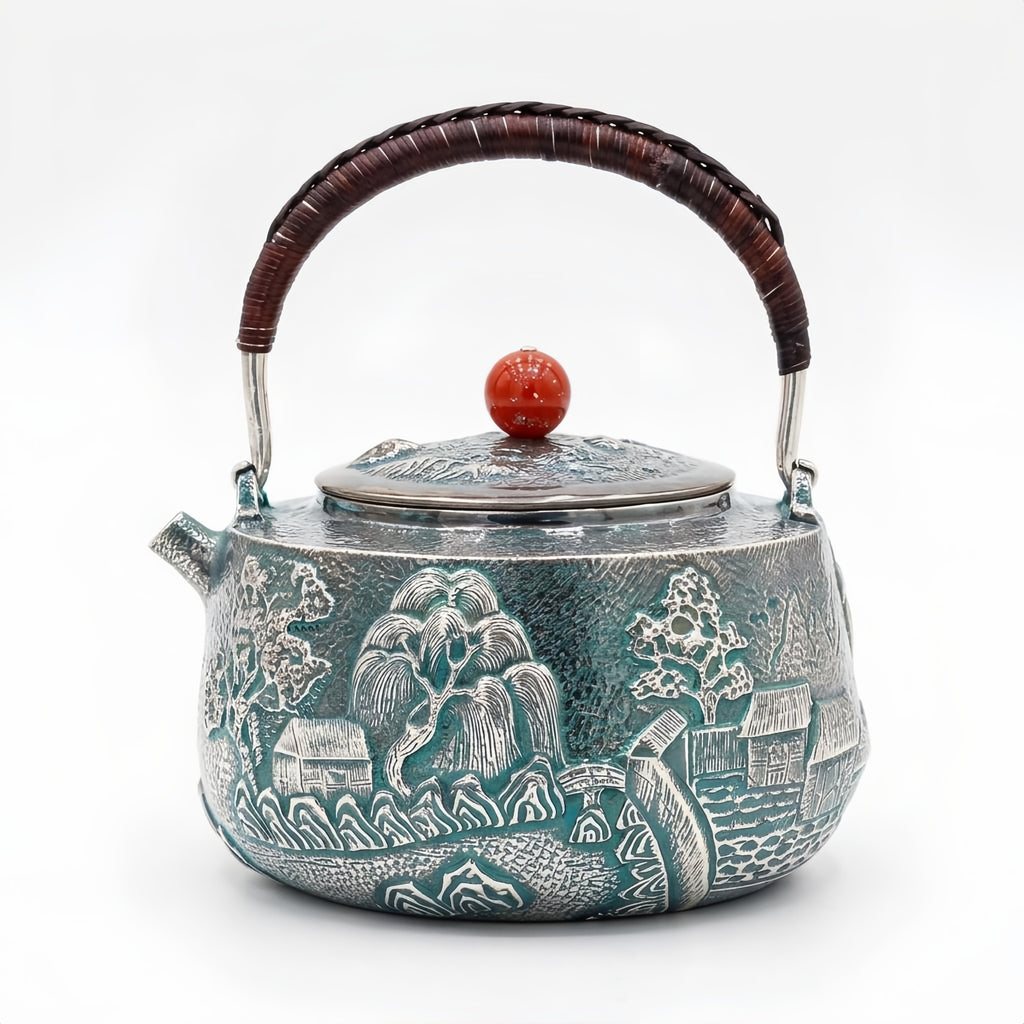 Pure 999 Fine Silver Japanese  Teapot with Engraved Landscape Artistry-Fine large teapot - Handicraft