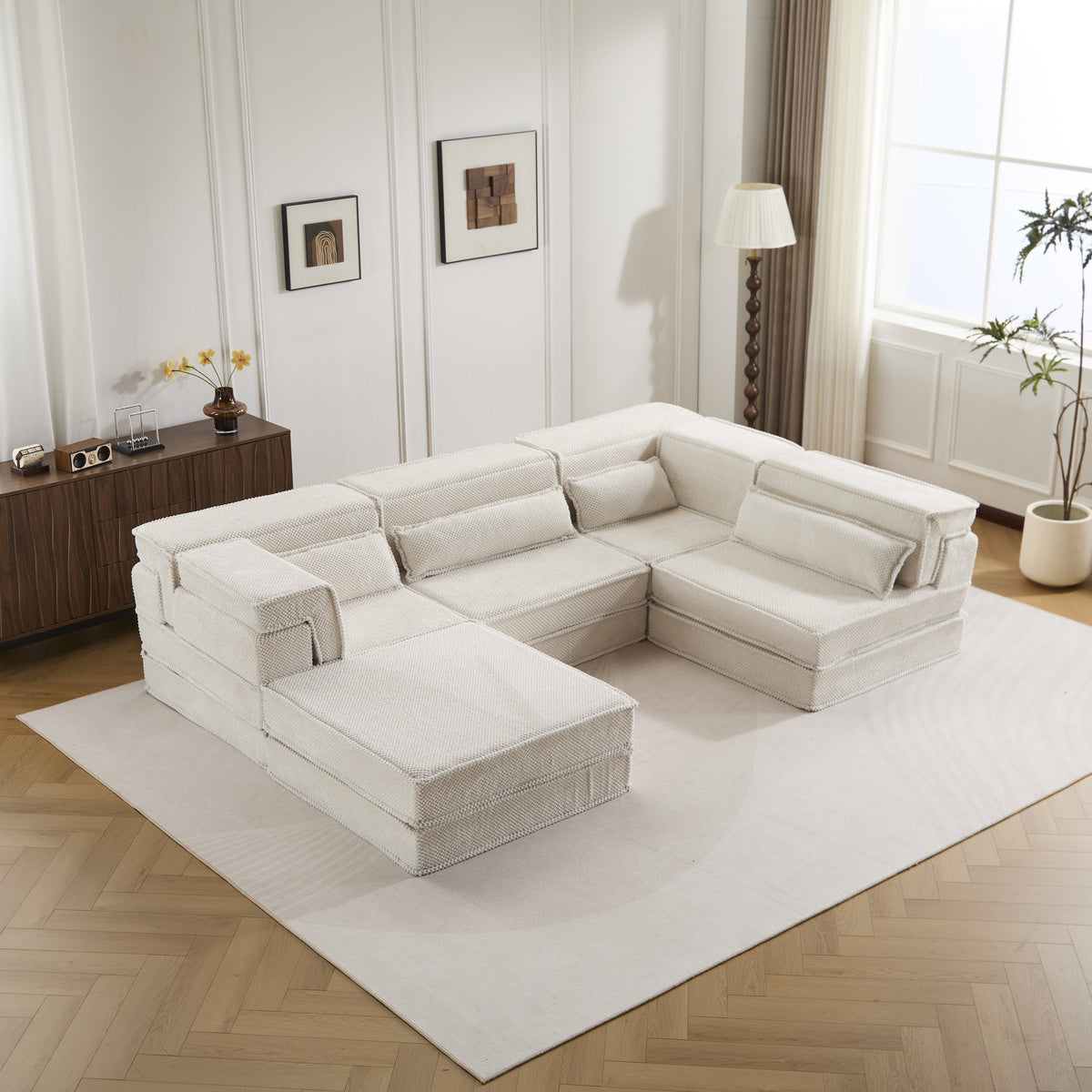 Compression Mahjong Sofa,Convertible Floor Sofa Bed,DIY Boneless Modular Sectional Sofa,No Assembly Required,Circle Fleece Fabric,Oversized 4 Seater With 1 Ottoman,White