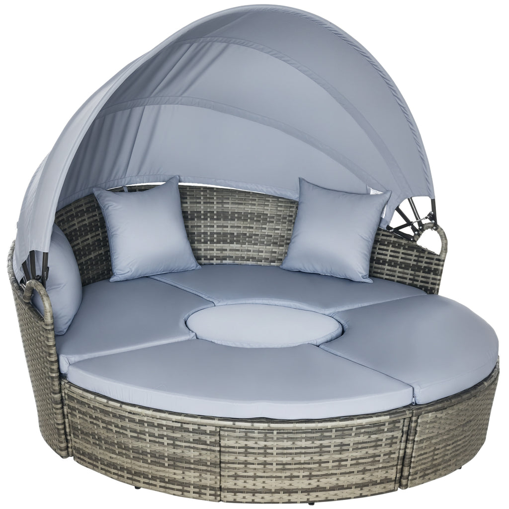 4 Piece Round Rattan Daybed, Convertible Patio Furniture Set, Adjustable Sun Canopy, Sectional Outdoor Sofa, 2 Chairs, Extending Tea Table Ottoman Chair, 3 Pillows, Light Gray