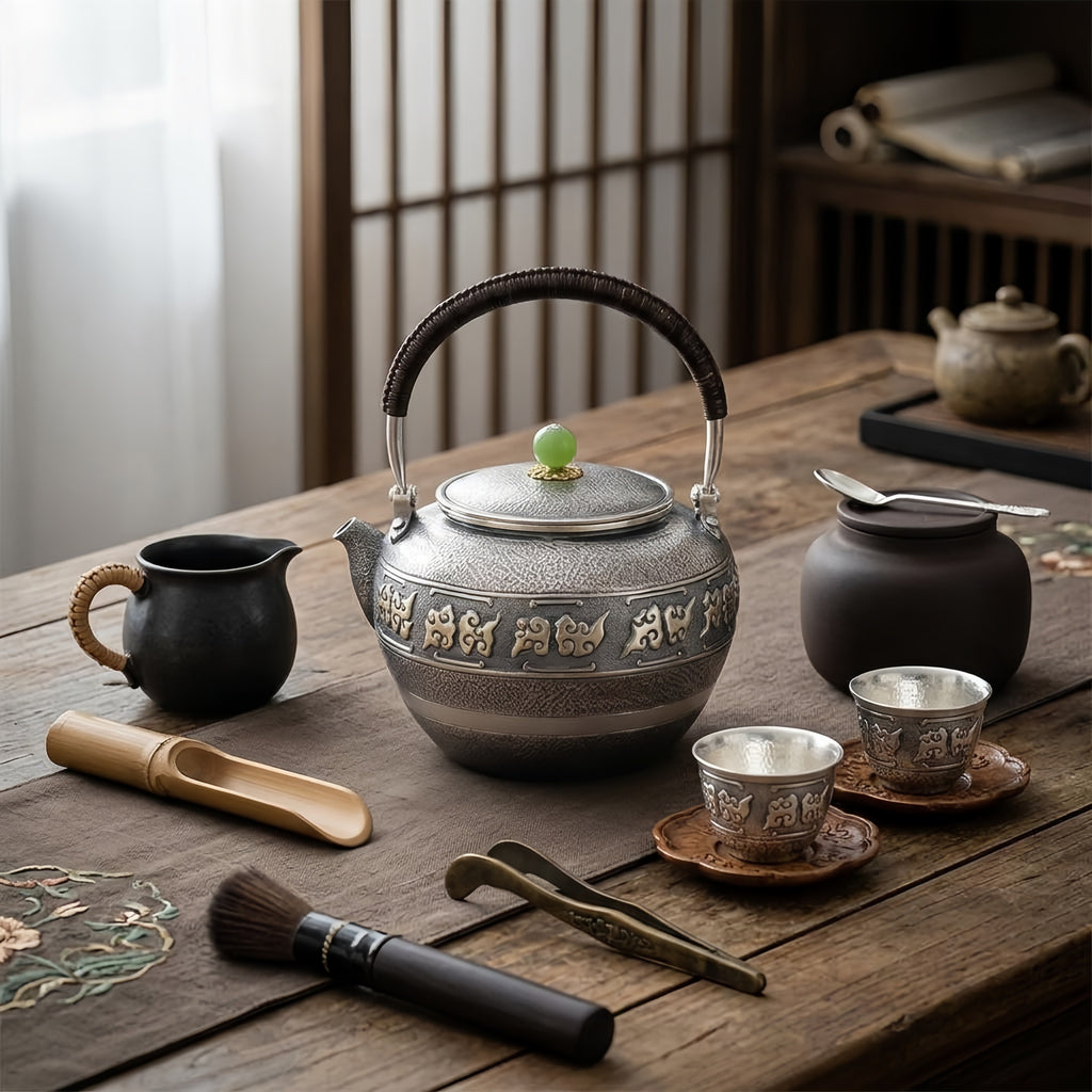 Pure 999 Fine Silver Antique  Teapot with Jade Knob and Intricate Carvings-Fine large teapot - Handicraft