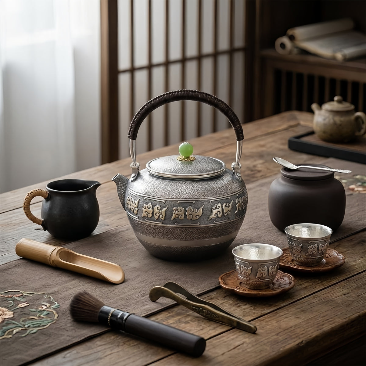 Pure 999 Fine Silver Antique  Teapot with Jade Knob and Intricate Carvings-Fine large teapot - Handicraft