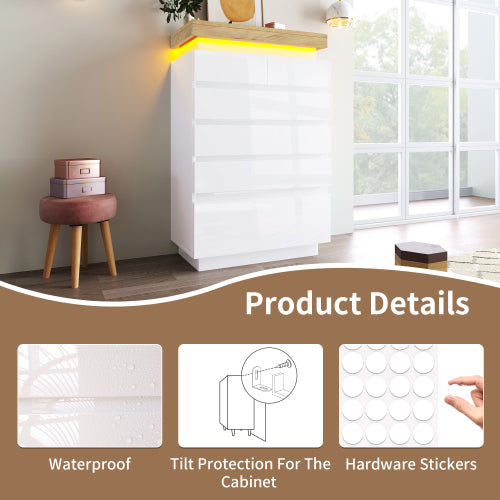 Chest Of Drawers,High-gloss Sideboard Cabinet With 6 Drawers,Storage With RGB LED App-controlled,Multi-purpose Cabinet For Living Room And Bedroom, 115 X 73 X 39 Cm, White