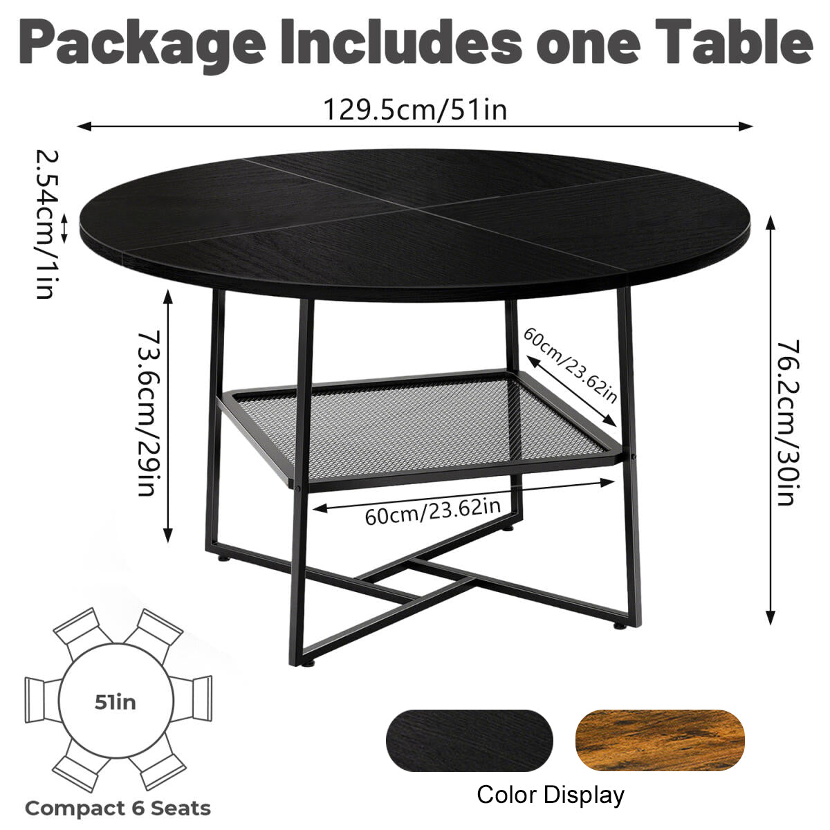 51'' Round Dining Table For 4-6  Black Wooden Dining Room Table With Storage Shelf Space Saving Circle Dinner Table With Metal Legs For Kitchen Living Room Dining Restaurant Furniture