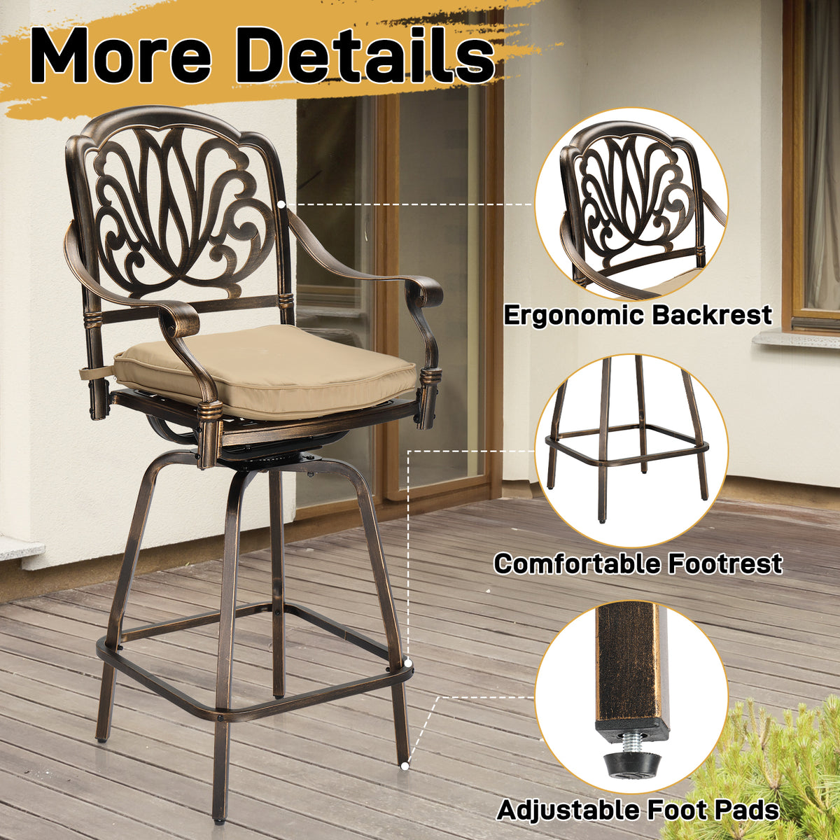 2pcs Bronze Color, Beige Cushion, Cast Aluminum Bar Stool