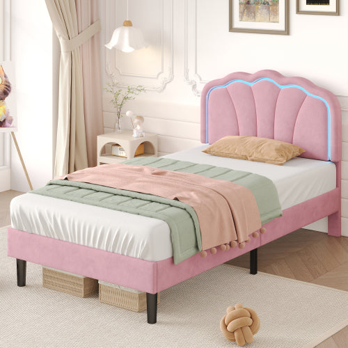 3ft Single Upholstered Bed With LED Adjustable Shell Shape Headboard, Soft Velvet Bed Frame With Solid Wood Slat, No Box Spring Needed, Easy Assembly, Cream White No Mattress