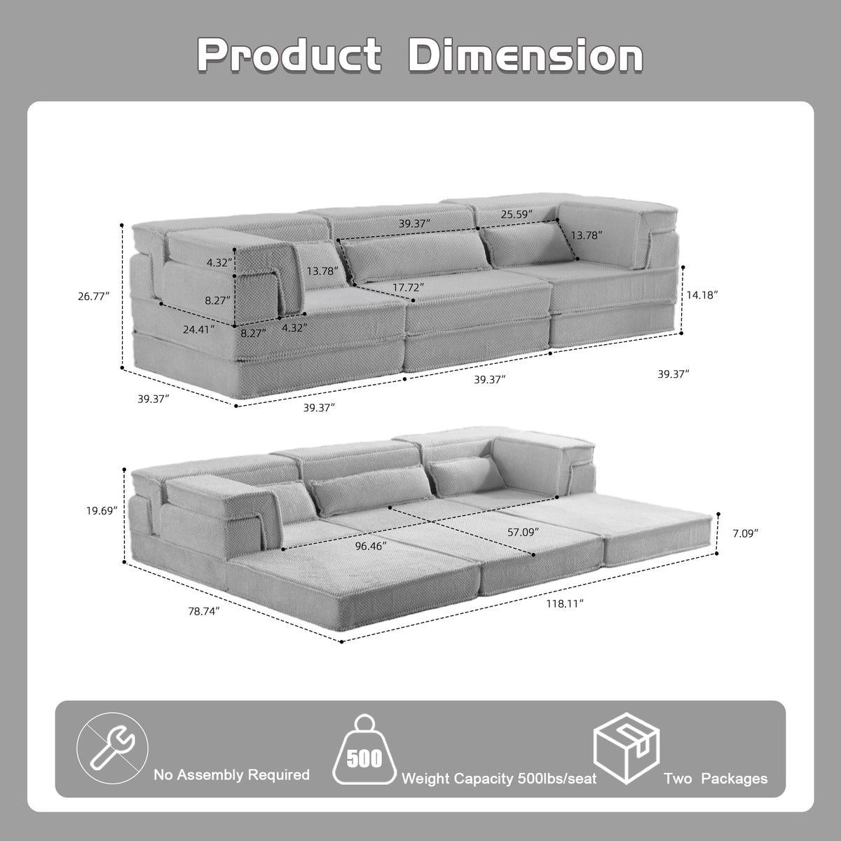 Compression Mahjong Sofa,Convertible Floor Sofa Bed,DIY Boneless Modular Sectional Sofa,No Assembly Required,Circle Fleece Fabric,Oversized 3 Seater With 3 Pillows,Light-Grey