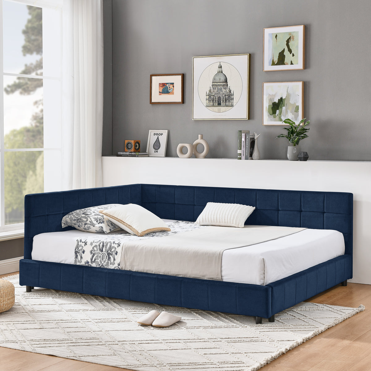 Full Size Upholstered Tufted  Bed Frame, Sofa Bed Frame With Comfortable Backrest And Armrests, Full Size Bed For Bedroom, Living Room,Velvet, Dark Blue 80.5x59x30.5