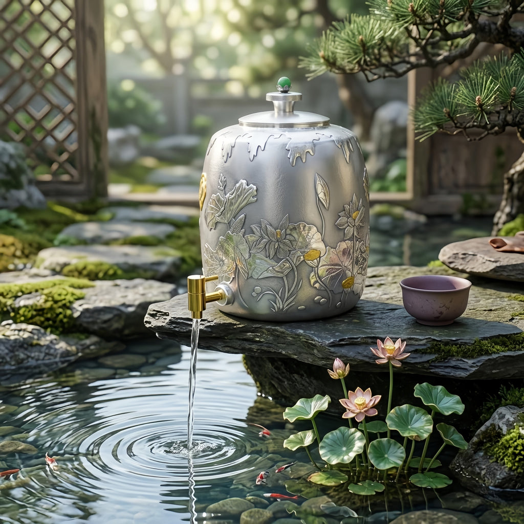Pure 999 Fine Silver Handcrafted Silver Water Dispenser with Intricate Lotus Engravings and Green Gemstone Finial - Handicraft