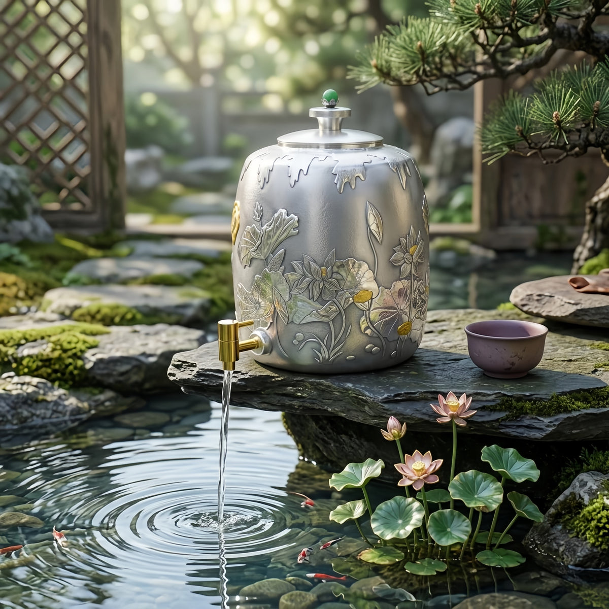 Pure 999 Fine Silver Handcrafted Silver Water Dispenser with Intricate Lotus Engravings and Green Gemstone Finial - Handicraft