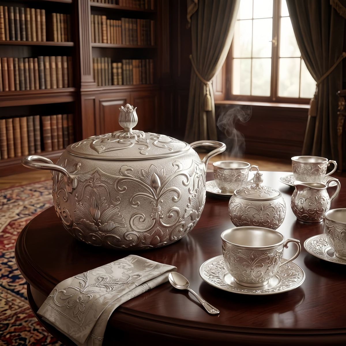 Pure 999 Fine Silver Elegant Silver-Plated Tureen with Intricate Floral Engravings and Matching Lid - Handicraft