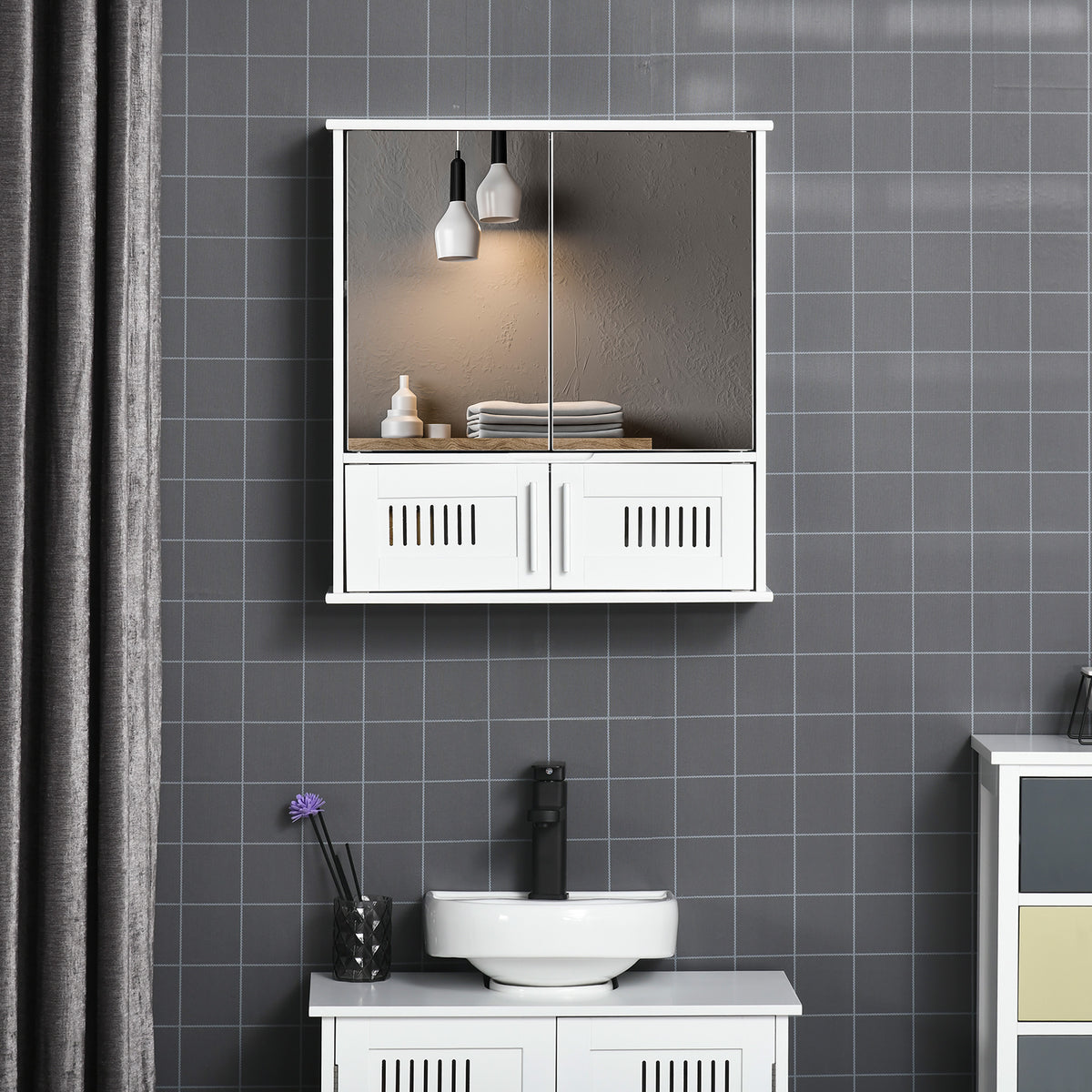Kleankin Bathroom Mirror Cabinet, Wall Mounted Storage Cupboard With Double Doors And Adjustable Shelf, Bathroom Organizer, White