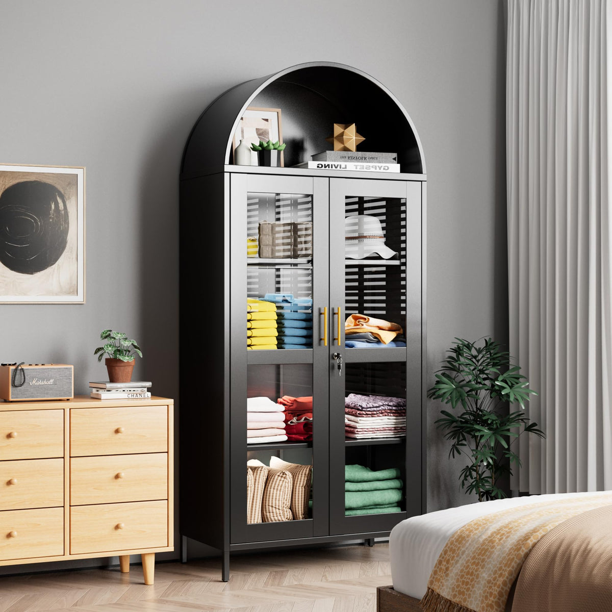 78.74inch H Metal Arched Cabinet With Lock And LED Light Strip, Metal Display Cabinet With Glass Doors And Adjustable Shelves,Suitable For Dining Room, Home, Assembly Required,Black