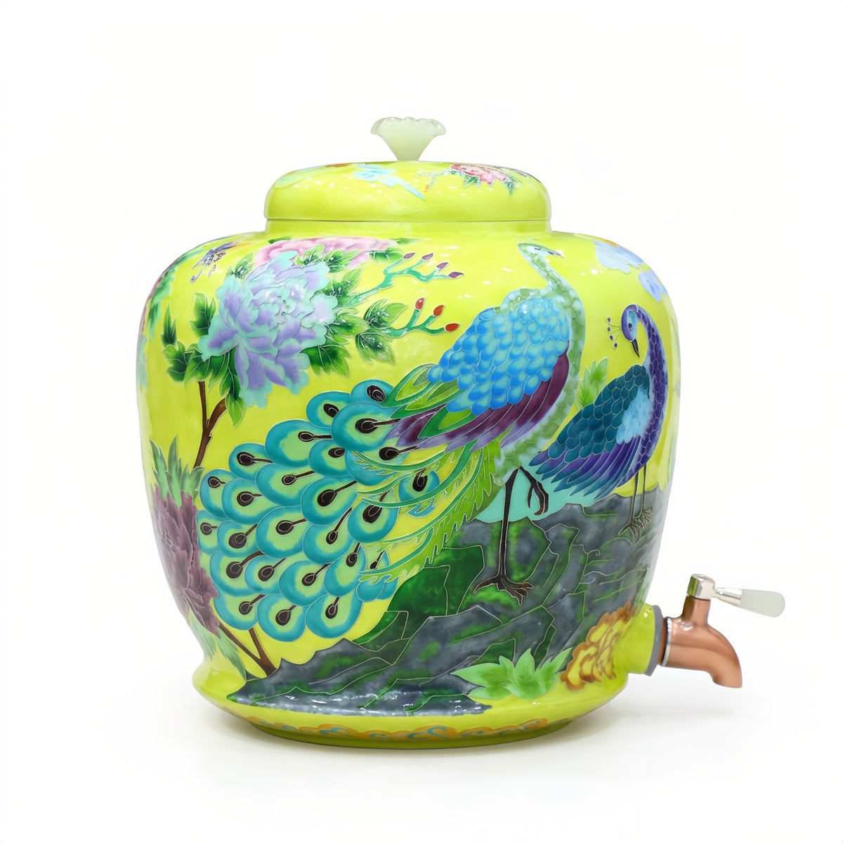 Pure 999 Fine Silver Vibrant Hand-Painted Peacock and Peony Ceramic Water Dispenser with Copper Spigot - Handicraft
