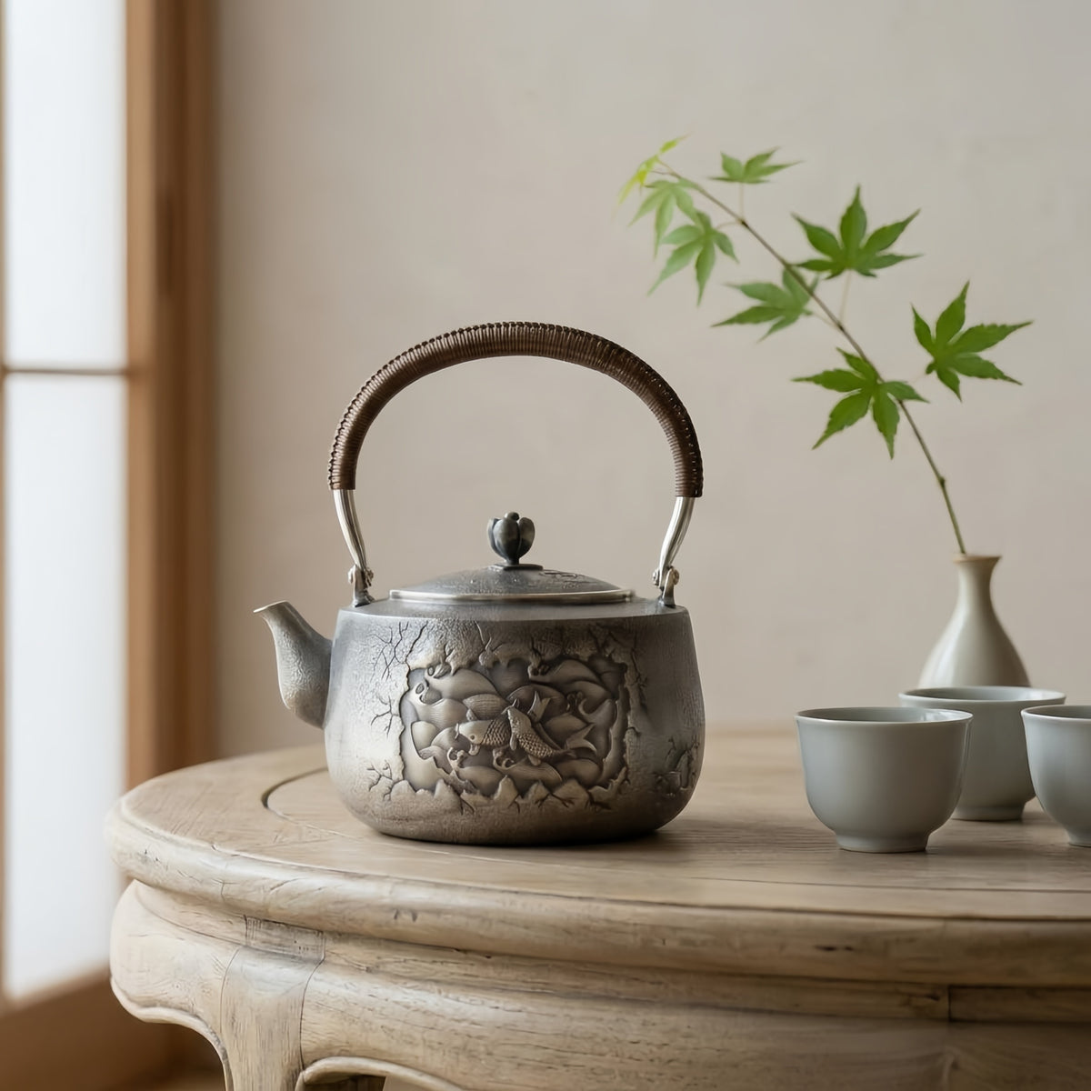 925 Sterling Silver Vintage Handcrafted Silver Teapot with Exquisite Koi Fish and Wave Relief Design - Handicraft