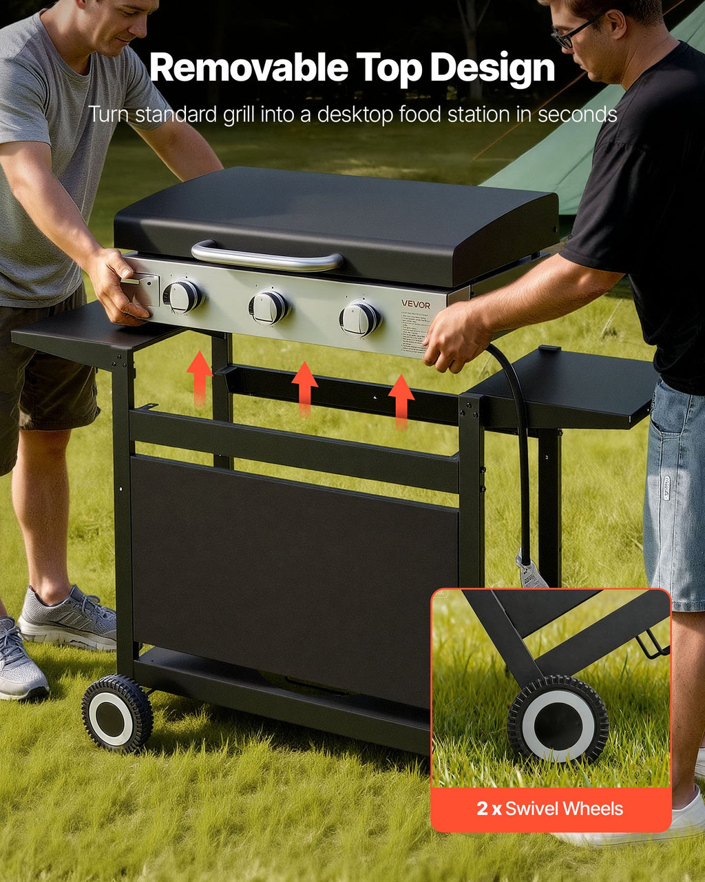 Gas Griddle, 3-Burner Flat Top Grill, Propane Griddle With Wheels, Lid, 3 X 11000 BTU Outdoor Flat Top Grills For Pan-Frying, Grilling, Stir-Frying, & BBQ, Pulse Ignition, Removable Top Design