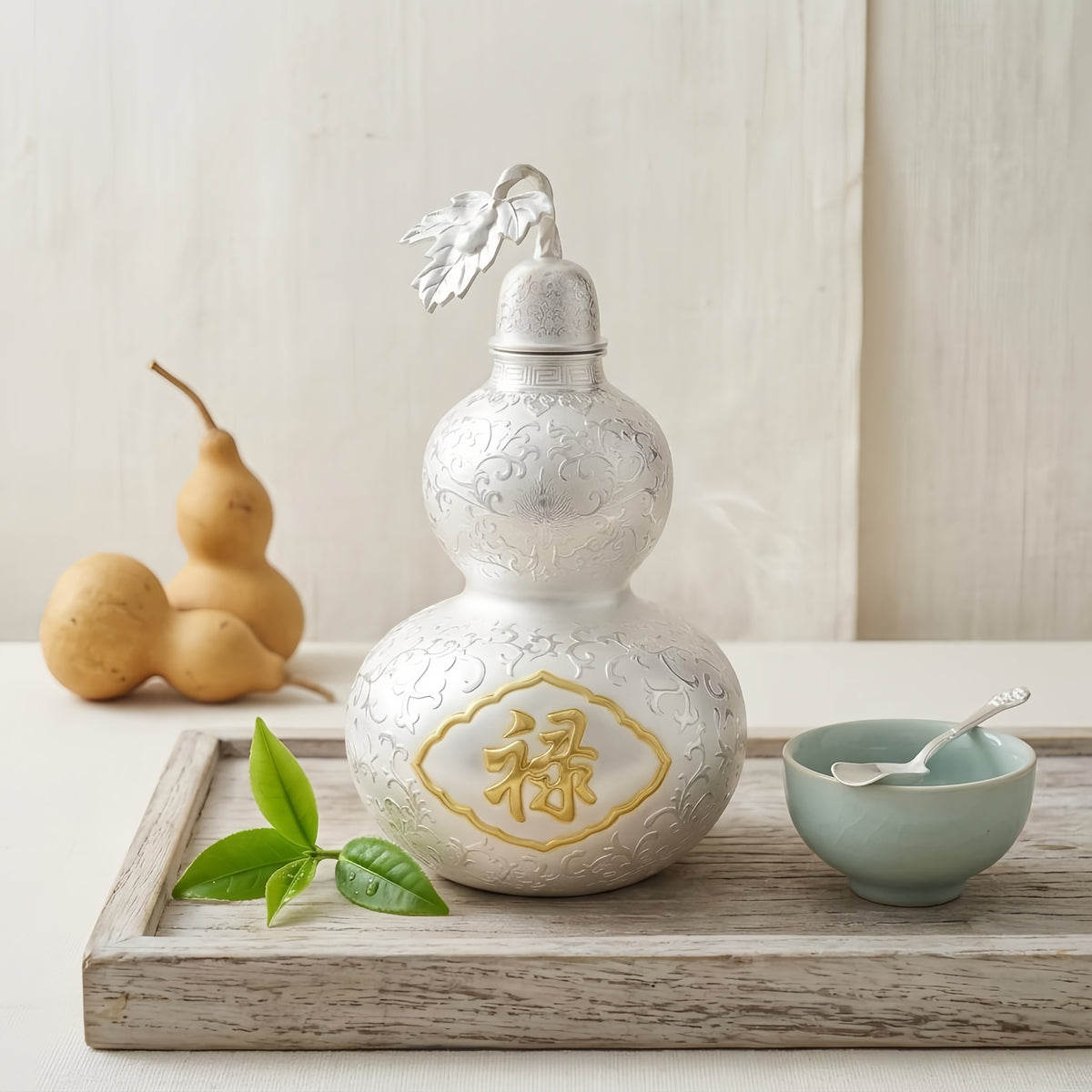 Pure 999 Fine Silver Ornate Handcrafted Silver Gourd Vessel with Prosperity Calligraphy Emblem - Handicraft