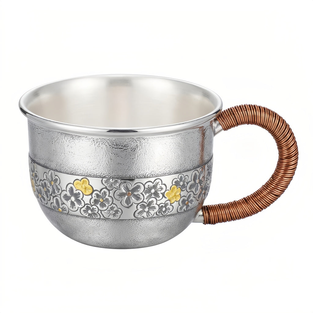 925 Sterling Silver Artisanal Hammered Silver Cup with Floral Engravings and Copper-Wrapped Handle - Handicraft