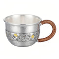 925 Sterling Silver Artisanal Hammered Silver Cup with Floral Engravings and Copper-Wrapped Handle - Handicraft