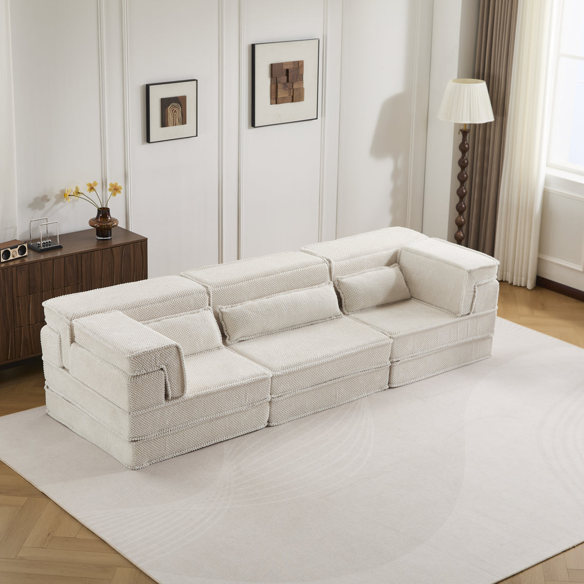 Compression Mahjong Sofa,Convertible Floor Sofa Bed,DIY Boneless Modular Sectional Sofa,No Assembly Required,Circle Fleece Fabric,Oversized 3 Seater With 3 Pillows,White