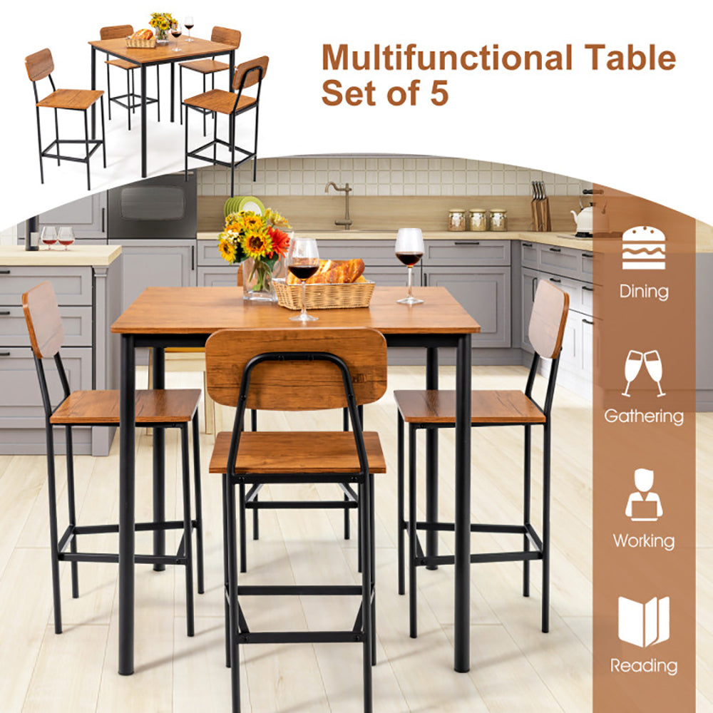 5 Pieces Industrial Dining Table Set With Counter Height Table And 4 Bar Stools