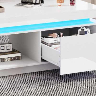 High Glossy LED Coffee Table With Drawer Storage, Wooden Centre Table With RGB Led Lights Rectangle Tea Table For Living Room Furniture, White Coffee Table With Open Display Shelf