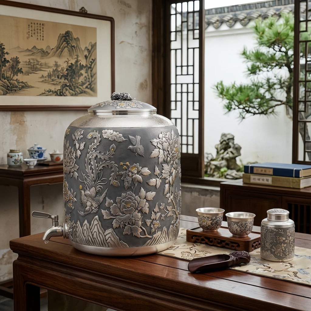 Pure 999 Fine Silver Handcrafted Ornate Metallic Beverage Dispenser Featuring Embossed Phoenix and Floral Relief Designs - Handicraft