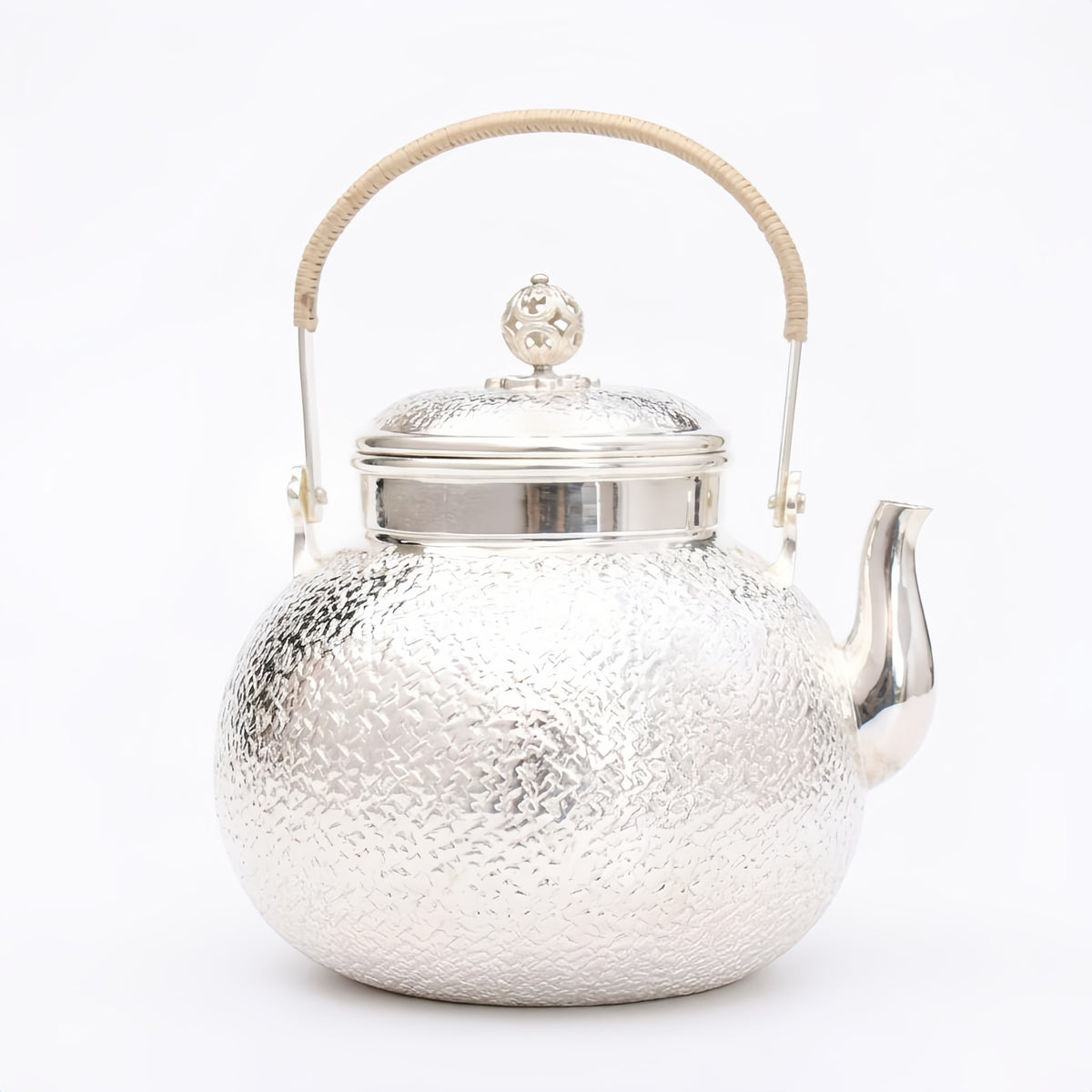 Pure 999 Fine Silver Handcrafted Hammered Silver Teapot with Rattan-Wrapped Handle and Filigree Finial - Handicraft