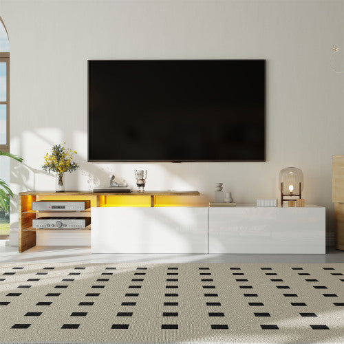 Modern TV Cabinet Design Stylish And Elegant, Practical Storage Space, Black And Wood Look, Glass Shelves, LED Lighting