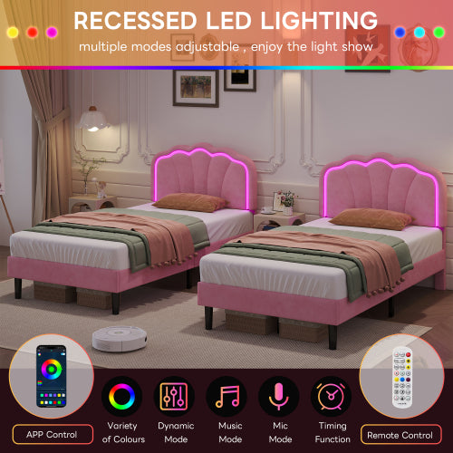 3ft Single Upholstered Bed With LED Adjustable Shell Shape Headboard, Soft Velvet Bed Frame With Solid Wood Slat, No Box Spring Needed, Easy Assembly, Cream White No Mattress