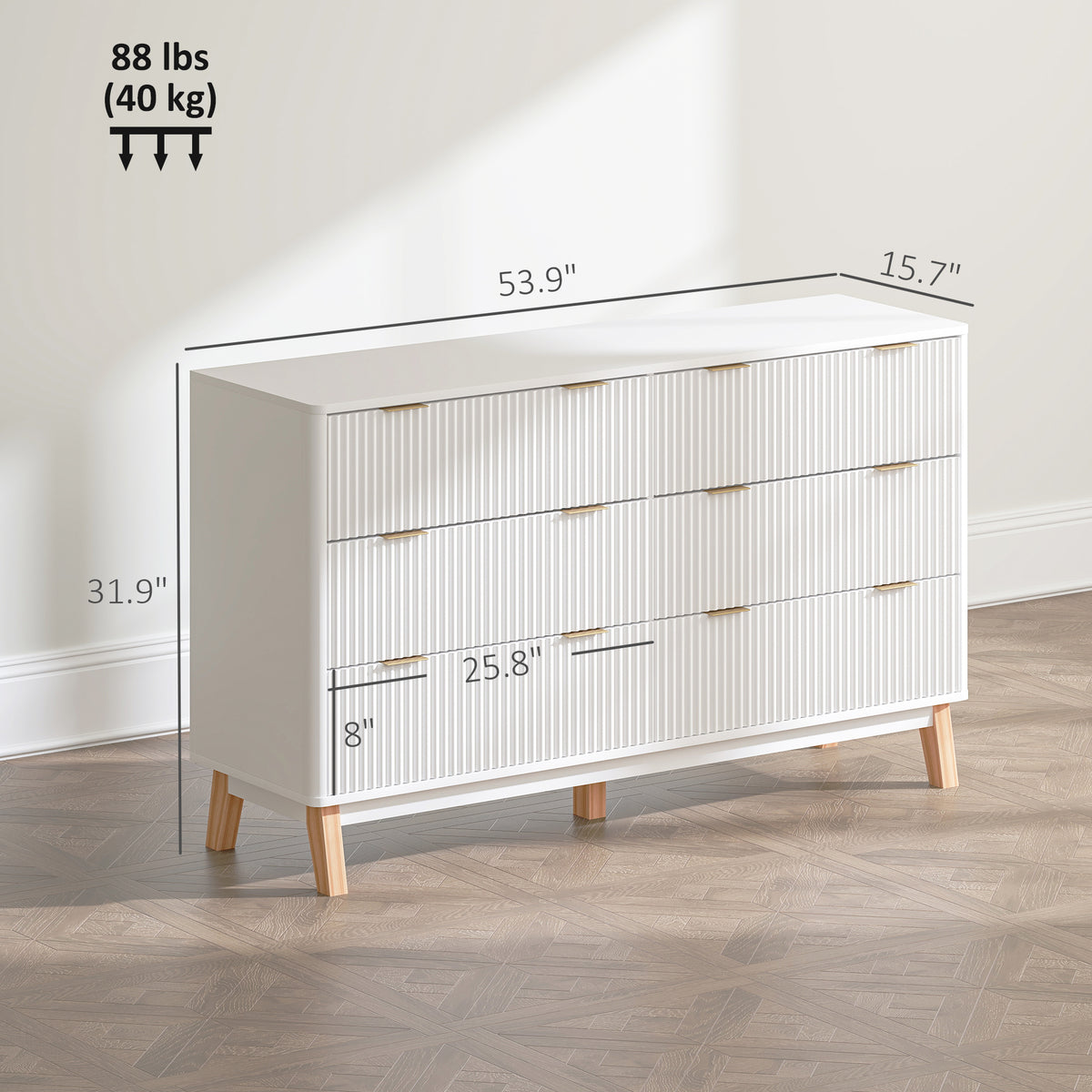 6 Drawer Double Dresser For Bedroom, Fluted Chest Of Drawers With Gold Finger Pulls And 5 Wood Legs, White