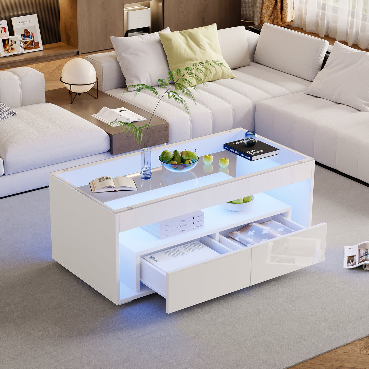 High Gloss Coffee Table With Open Storage, LED Lights, Centre Table With Glass Tabletop, Sofa Side Table With 2 Drawers, Coffee End Table With LED For Living Room, Office, 100X50X40cm, White