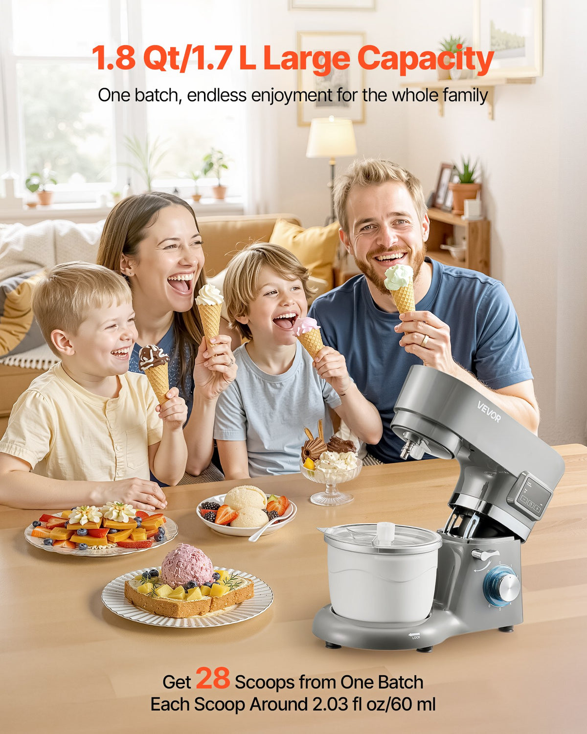 Ice Cream Maker, 1.8 Qt. Capacity, 6-Speed Electric Stand Mixer, With LED Digital Display & Timer, Mixing Paddle, Dough Hook, Splash Guard, For Homemade Frozen Yogurt Fruit Sorbet Gelato, Grey