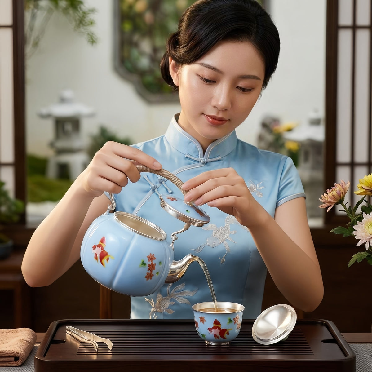 925 Sterling Silver Elegant Light Blue Ribbed Teapot with Painted Fish and Floral Accents - Handicraft