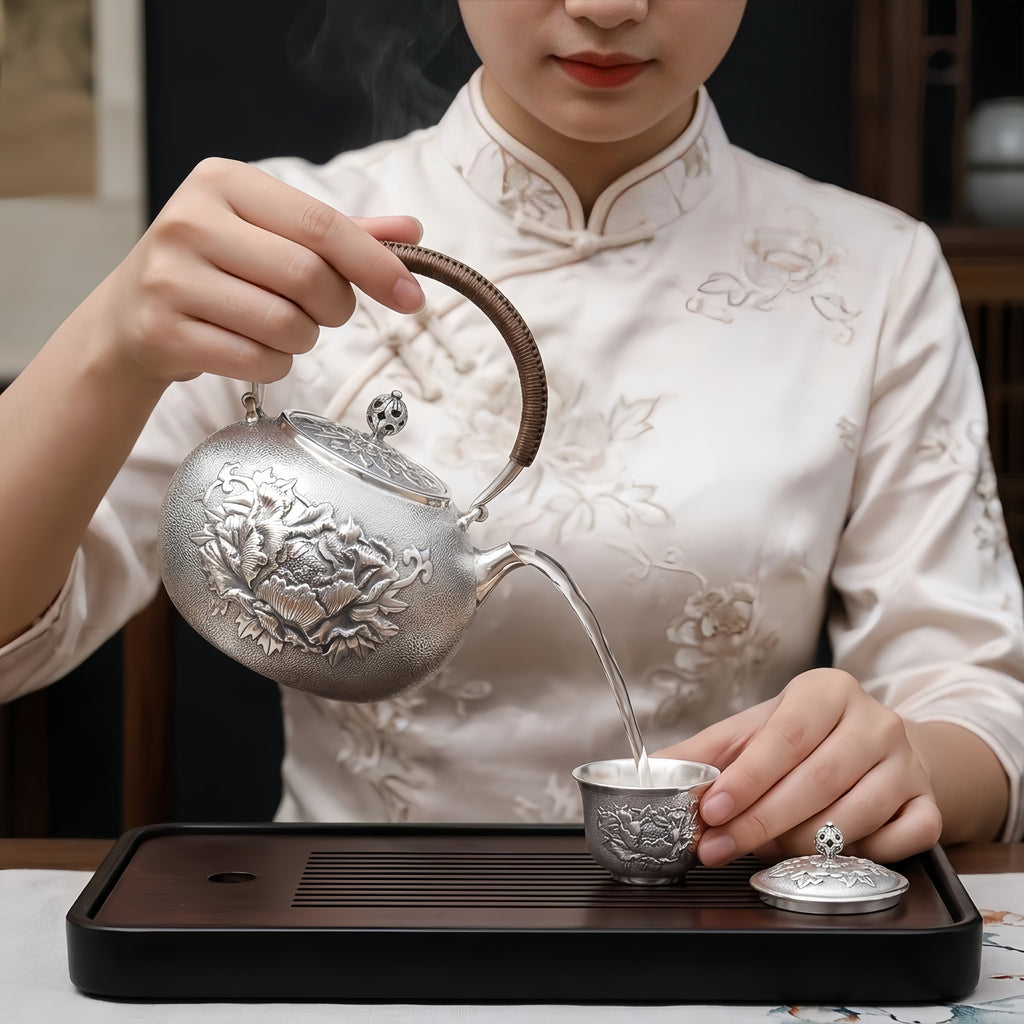 Pure 999 Fine Silver Elegant  Teapot with Intricate Floral Embossing and Woven Handle-Fine large teapot - Handicraft